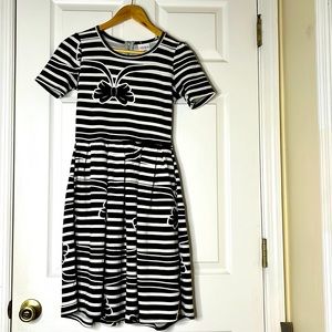 LulaRoe black/white striped Amelia dress with bows and pockets